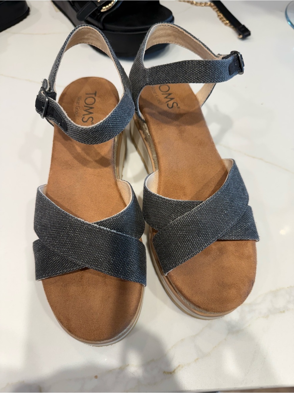 TOMS Gray Crisscross Ankle-Strap Wedge Sandals
